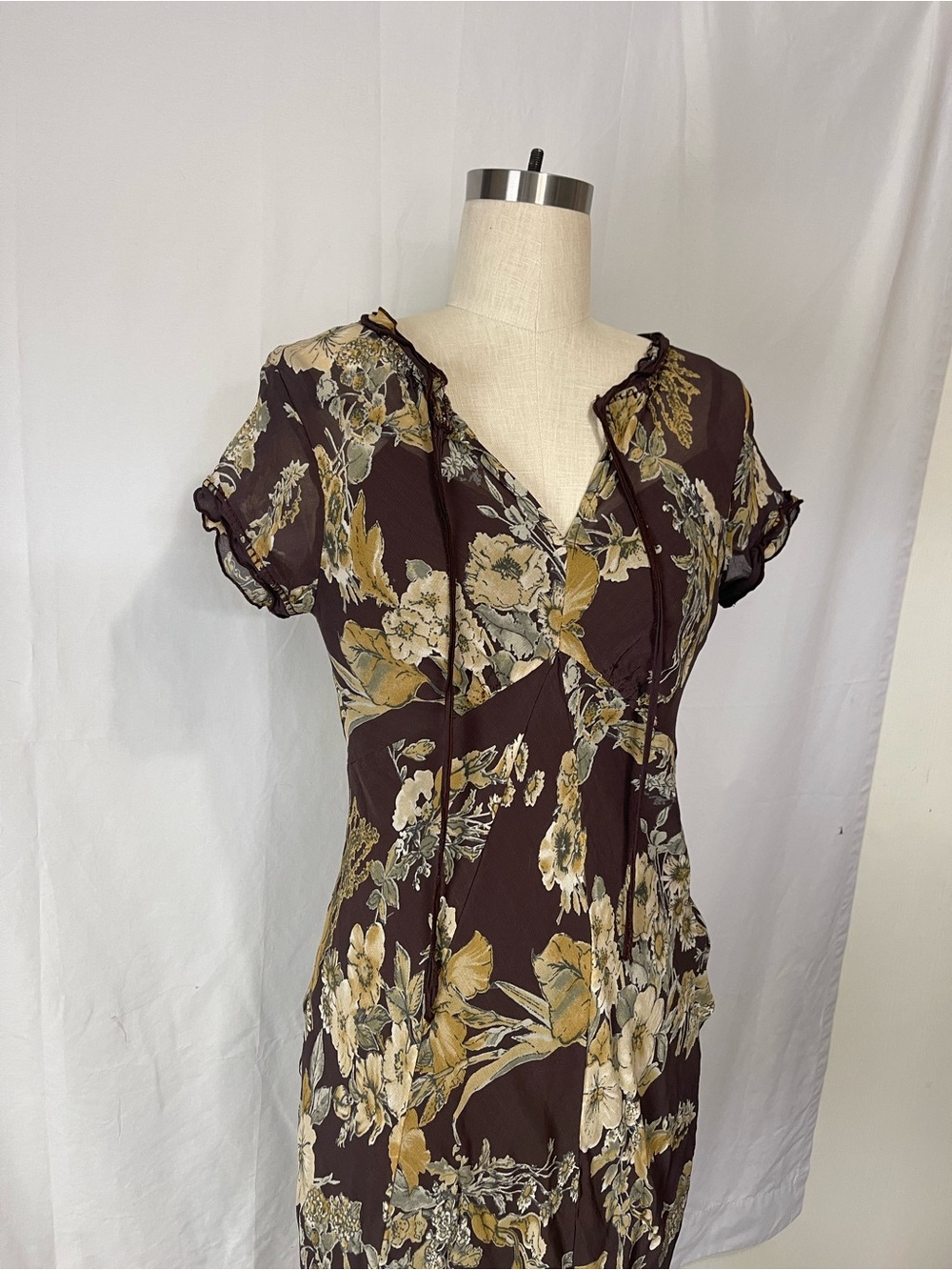 Y2K Newport News women’s Dress brown floral midi size 10 fits Mediu double layer - Picture 3 of 8